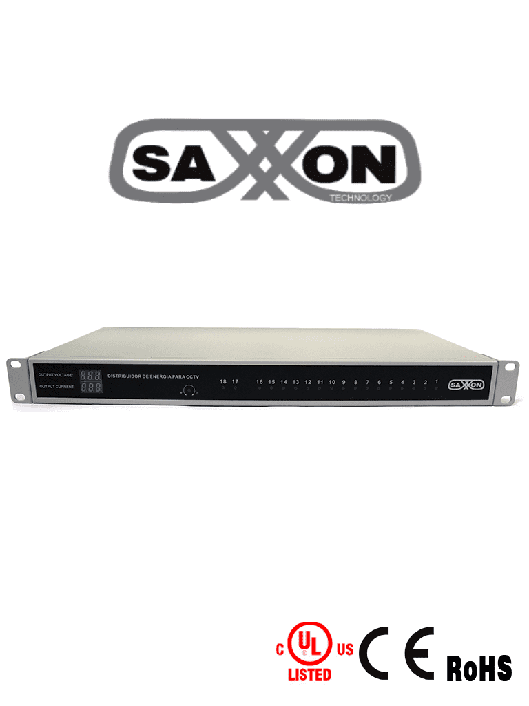 SAXXON PSU1220D18US - Fuente de Poder Profesional Regulada de 18 Canales/ Montaje en Rack/ Salida ajustable de 12 VDC a 13.8 VDC/ 20 Ampers/ Certificación UL/ Protección contra Descargas/ SAXXON PSU1220D18US - Fuente de Poder Profesional Regulada de 18 Canales/ Montaje en Rack/ Salida ajustable de 12 VDC a 13.8 VDC/ 20 Ampers/ Certificación UL/ Protección contra Descargas/